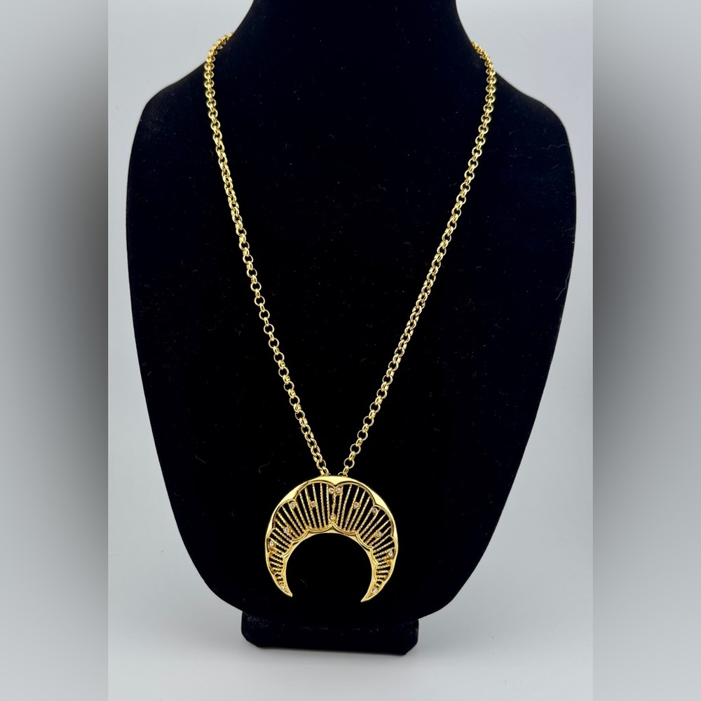 Sparkling Gold Tone Crescent Moon Pendant Necklace | Celestial | Statement - Picture 2 of 11